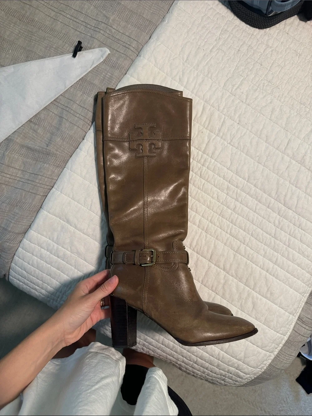 Tory Burch Olive Brown Leather Knee-High Block Heel Boots